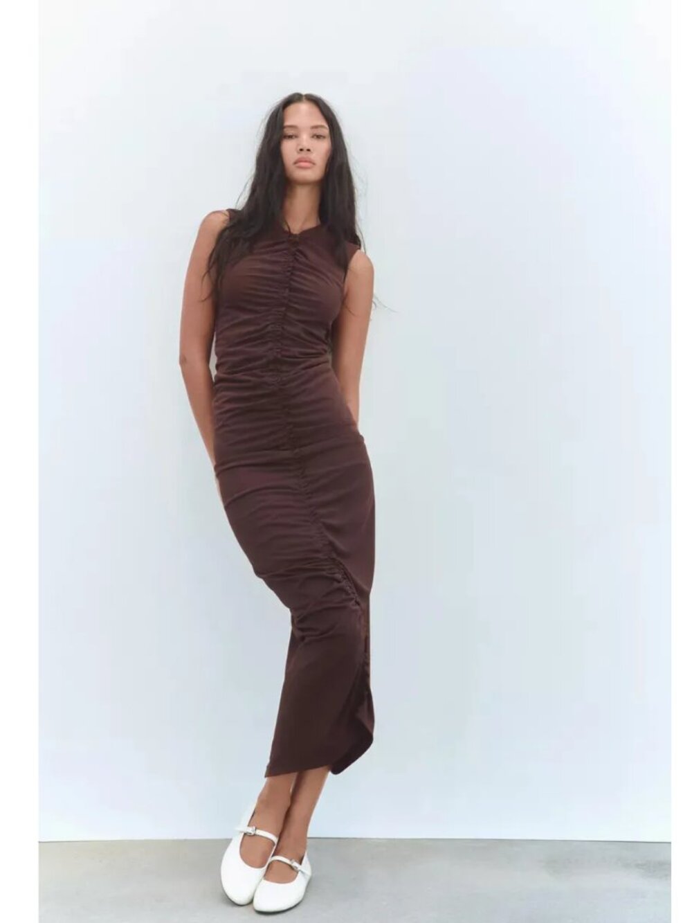 New Zara Brown Central Ruffled Midi Dress size L